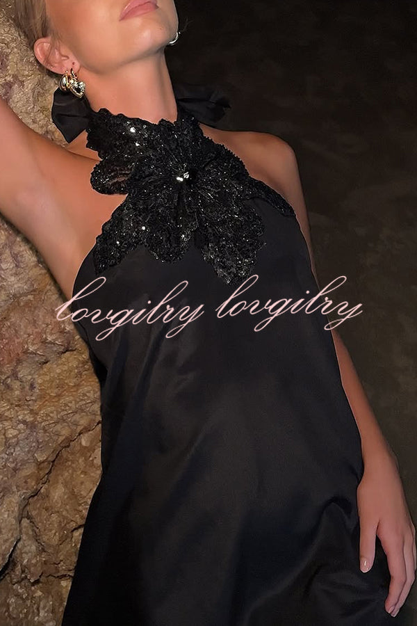 Floral Embellished Satin Halterneck Backless Resort Maxi Dress