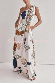 Matches The Vacation Unique Print One Shoulder Tie-up Pocketed Loose Maxi Dress