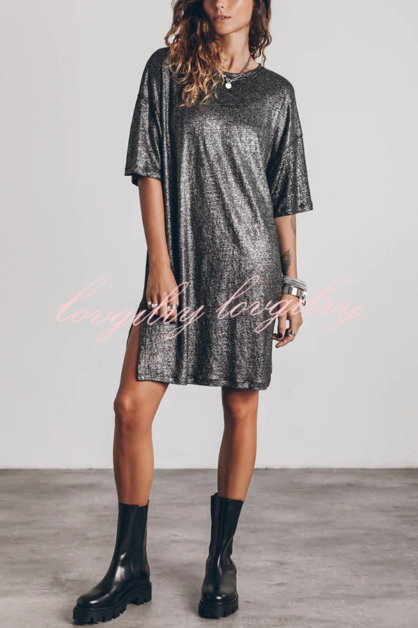 The Dark Sparkly Relaxed Slit T-shirt Mini Dress