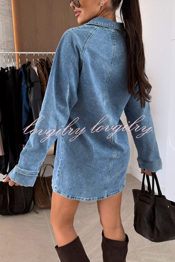 Fashion Lapel Long Sleeve Loose Denim Mini Dress