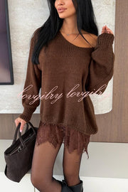 Comfy and Sweet Knit Lace Patchwork Hem Wide Neck Long Sleeve Loose Sweater
