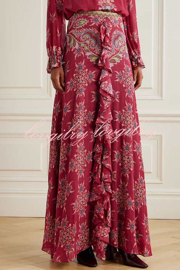 Unique Printed Chiffon Long-sleeved Loose Shirt and Elegant Ruffled Maxi Skirt Set