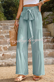 Rustic Patchwork Lace Up Pleated Wide Leg Pants