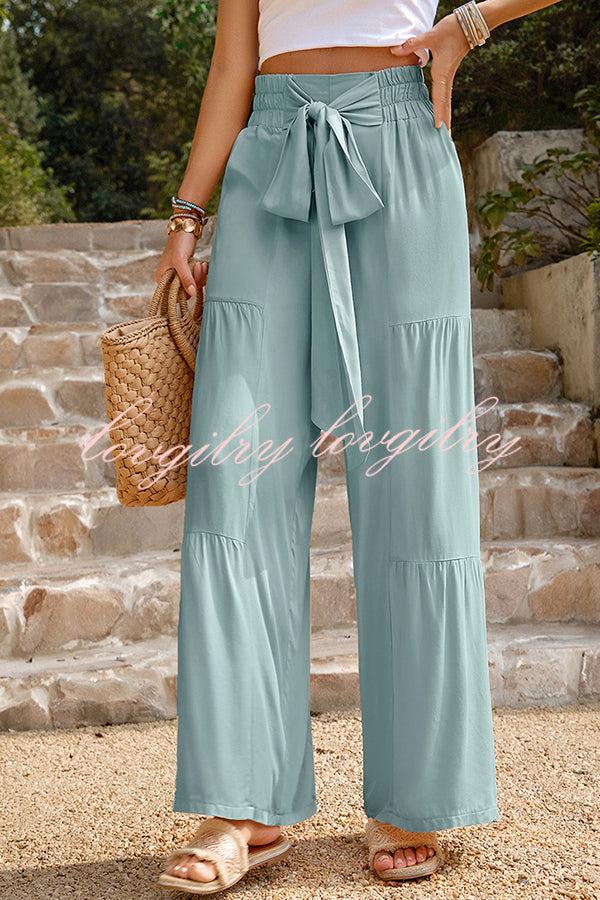 Rustic Patchwork Lace Up Pleated Wide Leg Pants