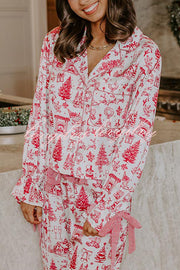 Christmas Night Satin Loose Shirt and Elastic Waist Pocketed Pajama Set