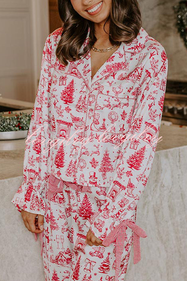 Christmas Night Satin Loose Shirt and Elastic Waist Pocketed Pajama Set