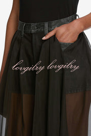 Avant-garde Fashion Denim Flowing Organza Patchwork Pocketed Wide Leg Jeans