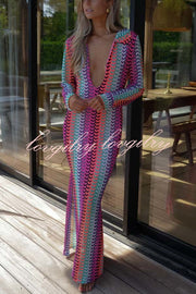 Eleanor Knit Colorful Wave Unique Print Shirt U-neck Long Sleeve Slit Maxi Dress