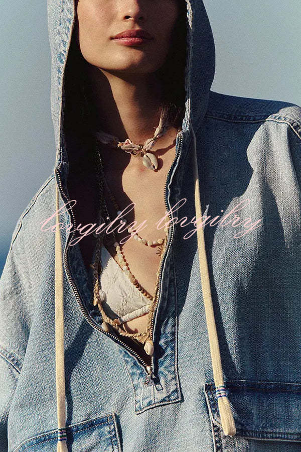 Fashion Loose Pocket Casual Denim Zipper Hoodie