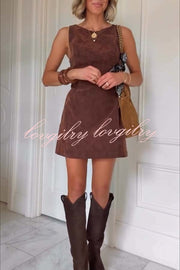 Atlas Faux Suede Open Back Button Accents Zipper Mini Dress