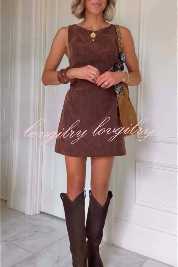Atlas Faux Suede Open Back Button Accents Zipper Mini Dress