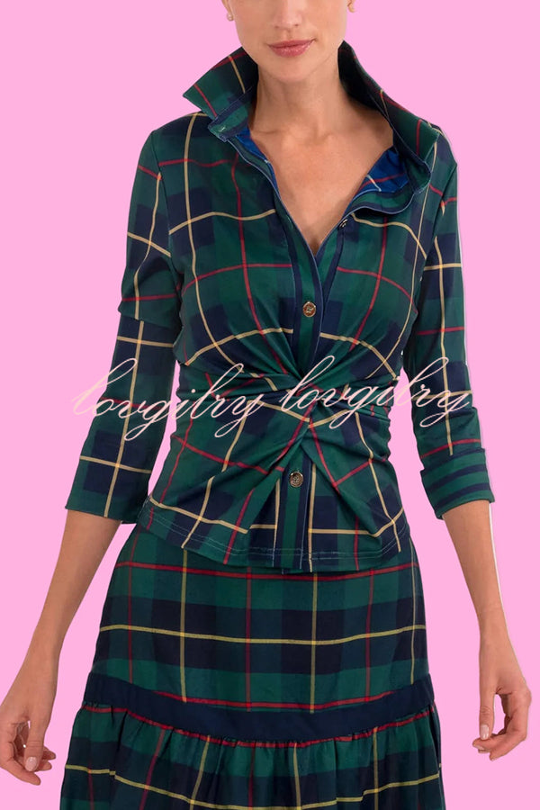 Embrace The Festival Plaid Twist Half Sleeve Shirt and Elastic Waist Pencil Pants Set