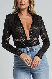 Alora Sequin Wrap Front Plunge Neck Long Sleeve Bodysuit