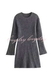 Beautiful Basic Ribbed Knit Long Slit Sleeve Flare Stretch Dress