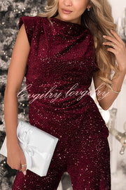 Stylish Sparkly Velvet Sequin Sleeveless Pleated Top and Casual Wide-leg Pants Set