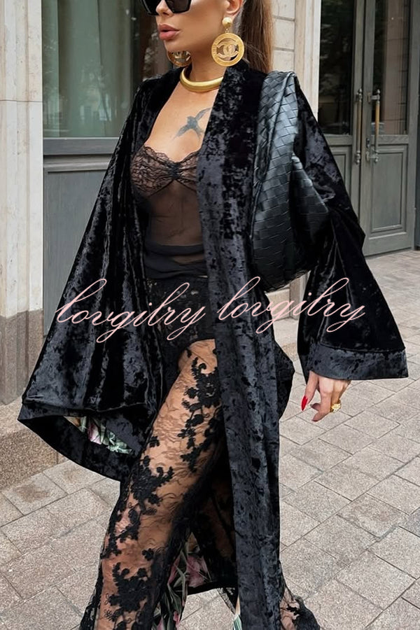 Gorgeous Glossy Velvet Long Bell Sleeve Tie-up Pocket Midi Kimono Coat