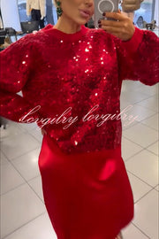 Celebration Day Sequin Patchwork Loose Sweatshirt and Satin Elastic Waist Maxi Skirt Set