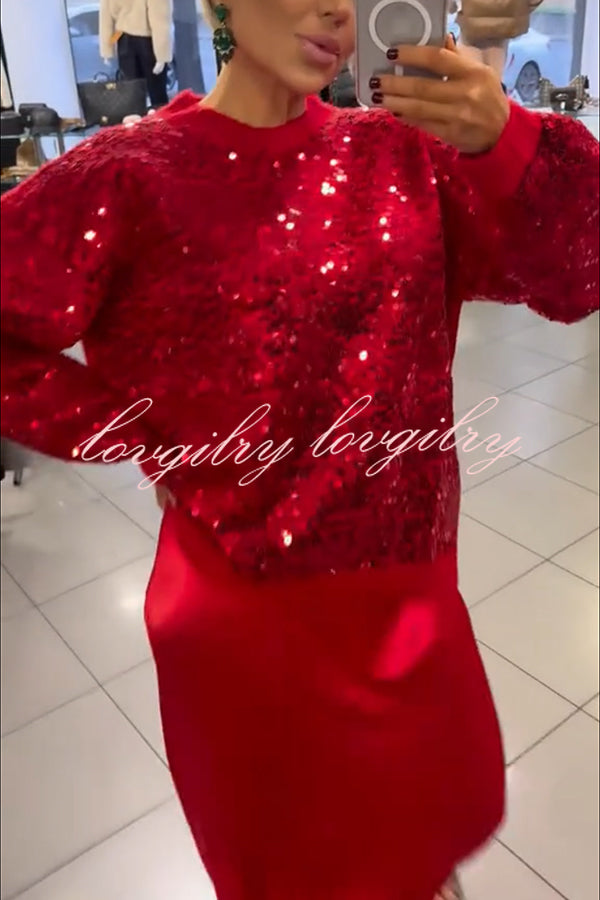 Celebration Day Sequin Patchwork Loose Sweatshirt and Satin Elastic Waist Maxi Skirt Set