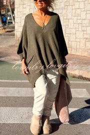 Fashion V-neck Loose Pocket Mid-length Knitted Sweater