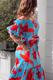 Floral Print Waist Belted Slim Fit Off The Shoulder Maxi Dress