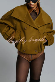 Ellie Epaulettes Stand Neck Double-Breasted Pocket Cropped Loose Woolen Coat