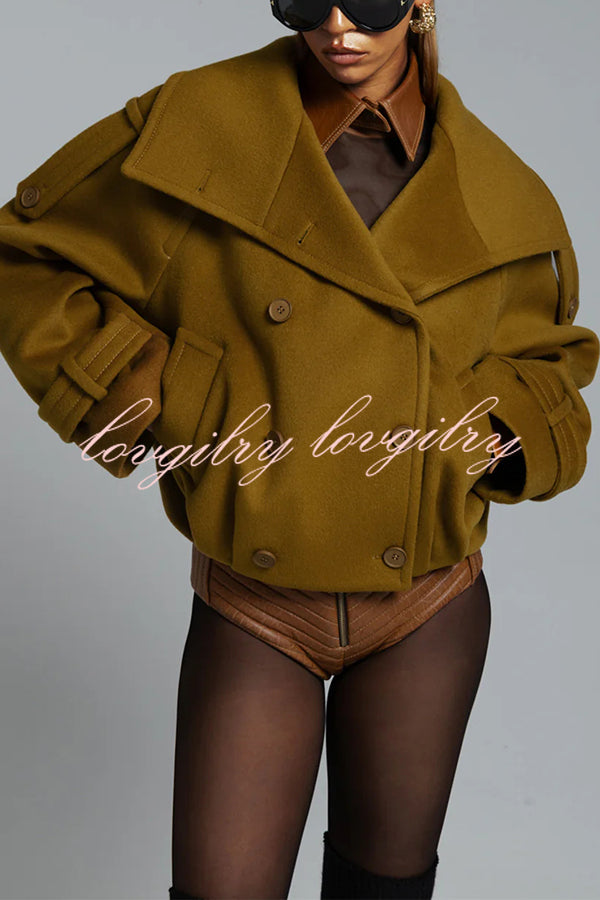 Ellie Epaulettes Stand Neck Double-Breasted Pocket Cropped Loose Woolen Coat