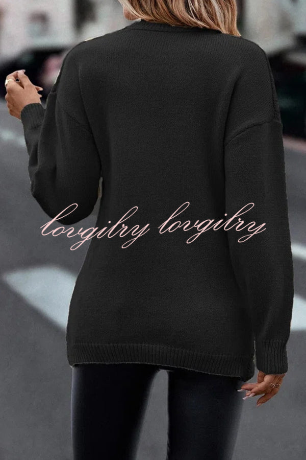 Solid Color V Neck Cross Jacquard Long Sleeved Sweater