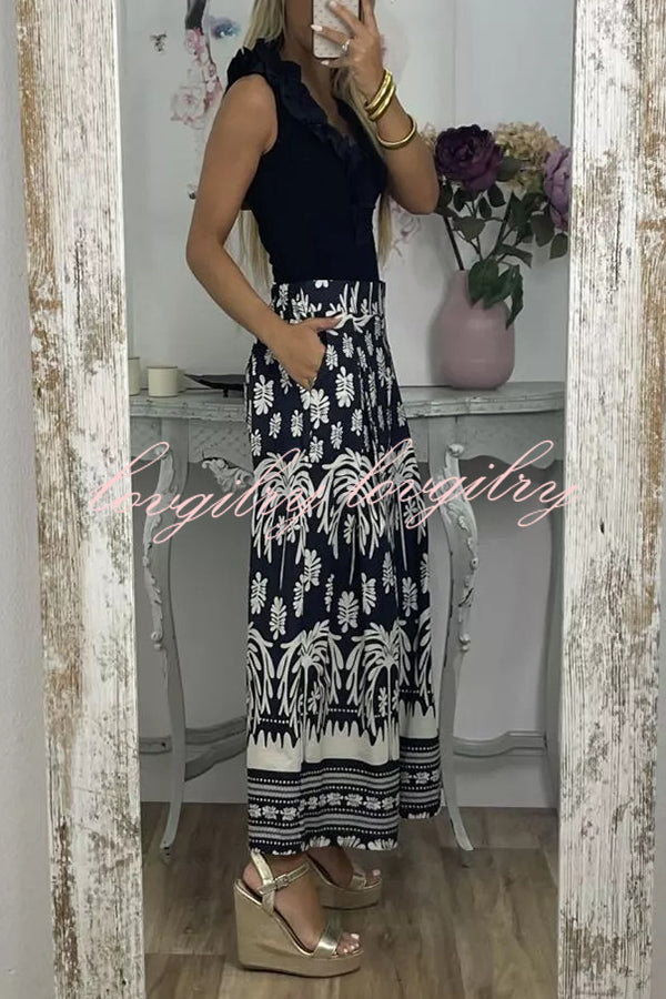 Unique Print Elastic Waist Loose Pocket Holiday Wide Leg Pants