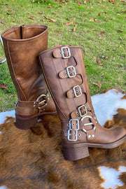 Vintage Belt Buckle Chunky Heeled Long Biker Boots