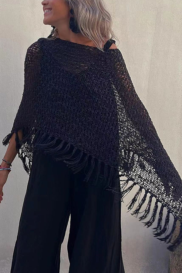 Sunset Breeze Hollow Out Tassel Knit Cover-up Top