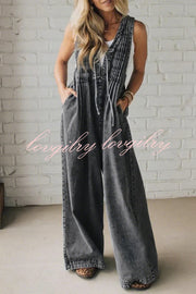 Fashionable and Casual Sleeveless V-neck Lace-up Loose Pocket Jumpsuit