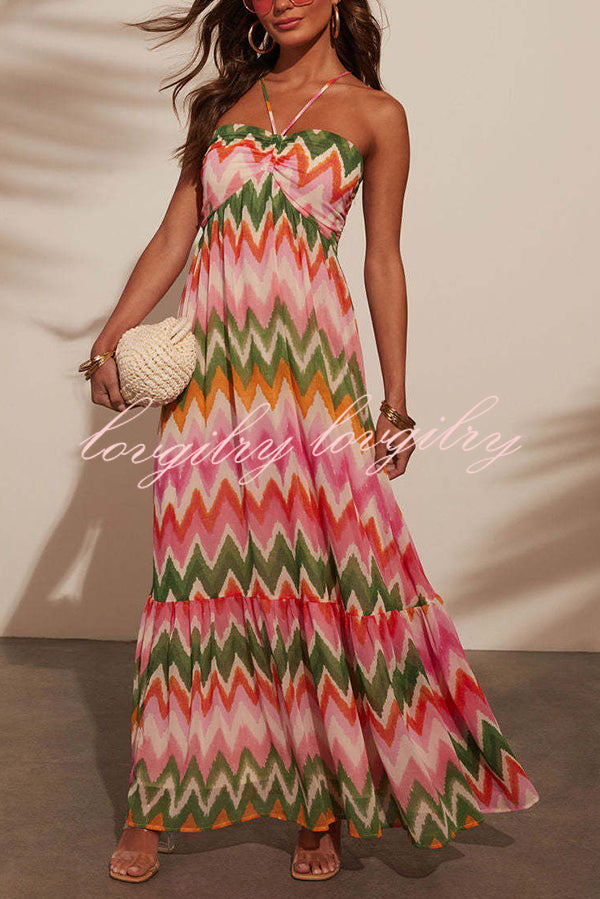 Colorful Zigzag Pattern Halter Backless Pleated Holiday Maxi Dress