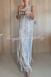 Holiday Muse Sequined Slit Tassels One Shoulder H-line Maxi Dress