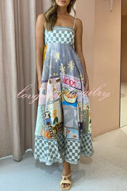 Wonderful Weekend Linen Blend Unique Print Smocked Back Pocketed Midi Dress