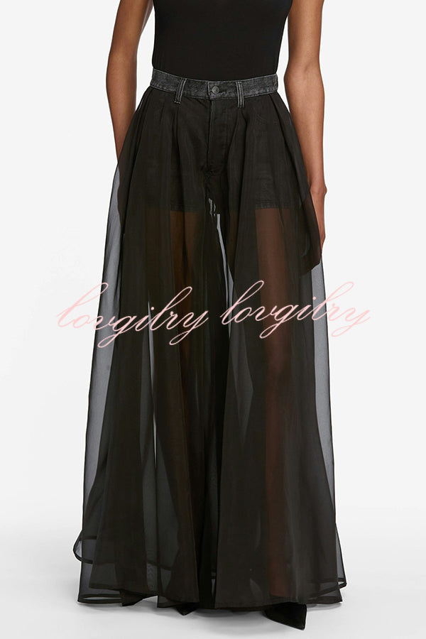 Avant-garde Fashion Denim Flowing Organza Patchwork Pocketed Wide Leg Jeans