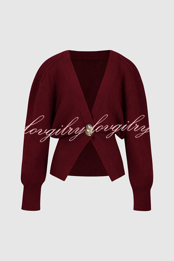 Only Yours Knit Metal Leaf Shape Button Lantern Sleeve Relaxed Cardigan