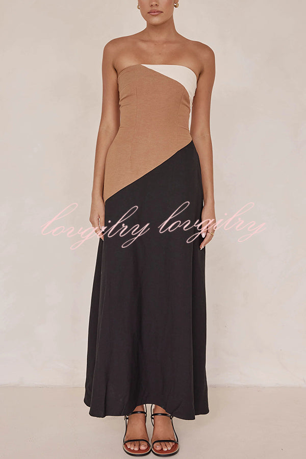 Calissa Asymmetrical Colour Block Strapless Pocketed A-line Maxi Dress