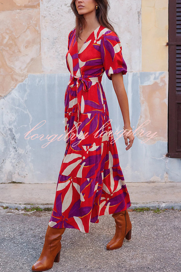 Unique Printed Waist Lace Up Slit Maxi Dress