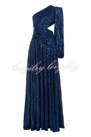 Dazzling Night Metallic Pleated One Shoulder Cutout Balloon Sleeve Gown Maxi Dress
