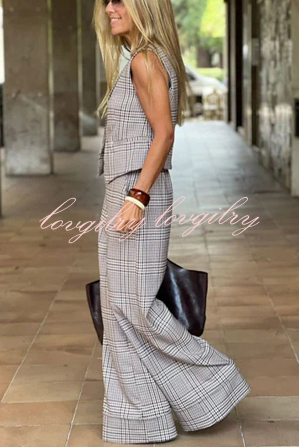 Office Chic Plaid Button Up Vest and Elastic Waist Pocketed Wide Leg Pants Set