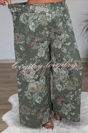 Linen Blend Crew Neck Long Sleeve Irregular Loose Top and Elastic Waist Floral Print Casual Pocket Set