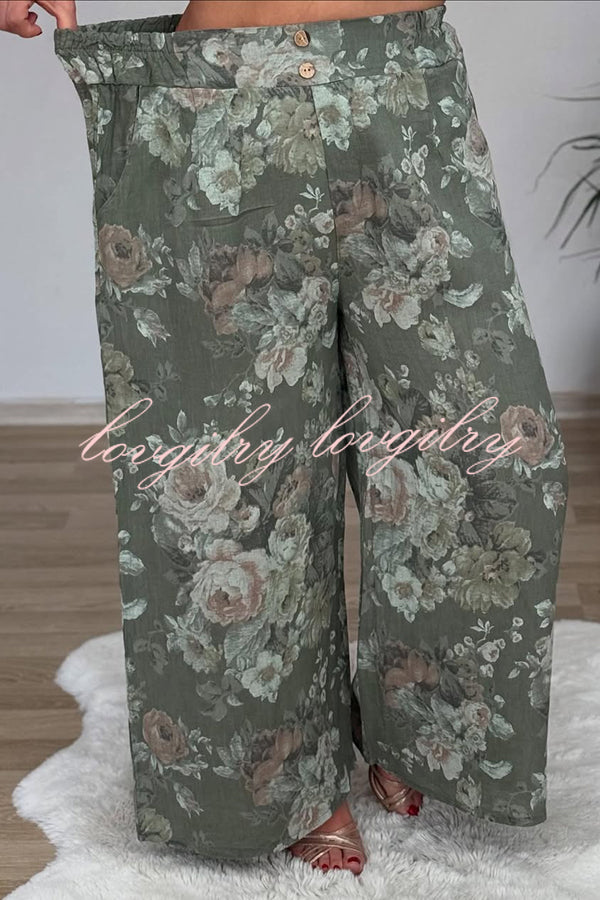 Linen Blend Crew Neck Long Sleeve Irregular Loose Top and Elastic Waist Floral Print Casual Pocket Set