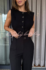 Office Lady Button Up Waisted Vest and High Rise Pocketed Loose Pants Set