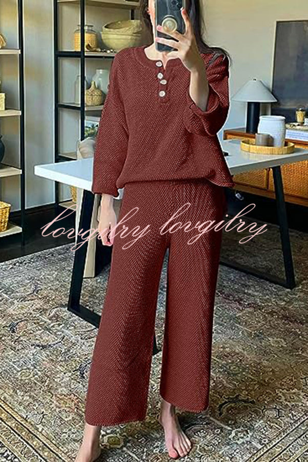 Heather Hailey Solid Color Casual Button V Neck Top and Pant Two Piece Set