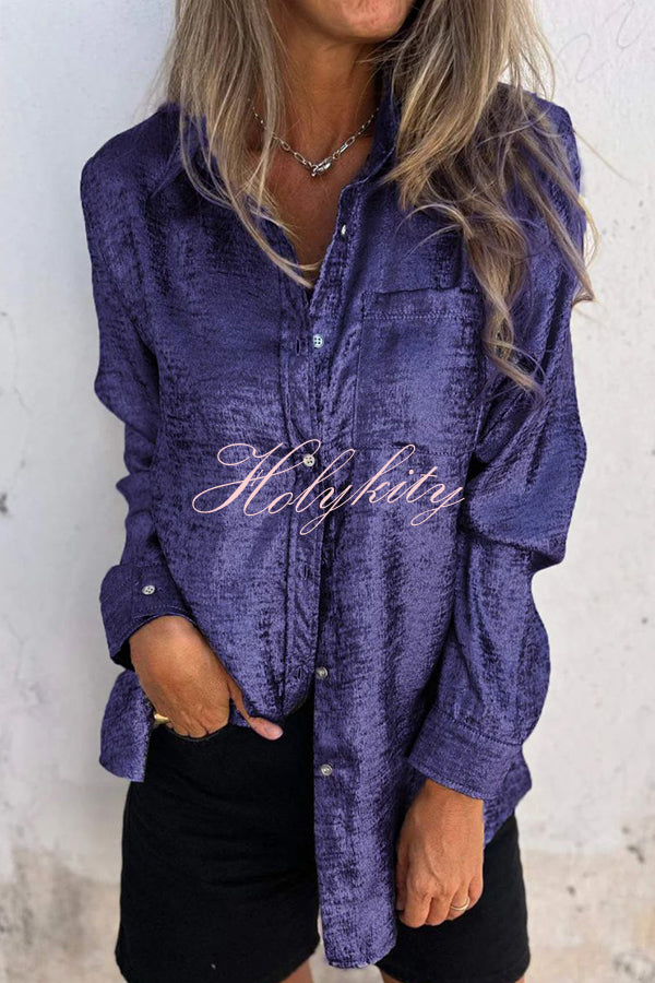 First and Fabulous Metallic Fabric Button Up Long Sleeve Loose Blouse