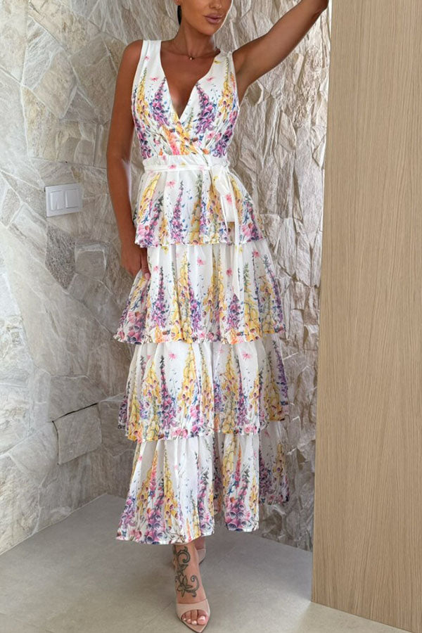 Sunny Views Lavender Print V-neck Tie-up Tiered Maxi Dress