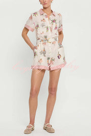 Plant Print Lapel Short Sleeves Loose Pocket Waist Tie Casual Rompers