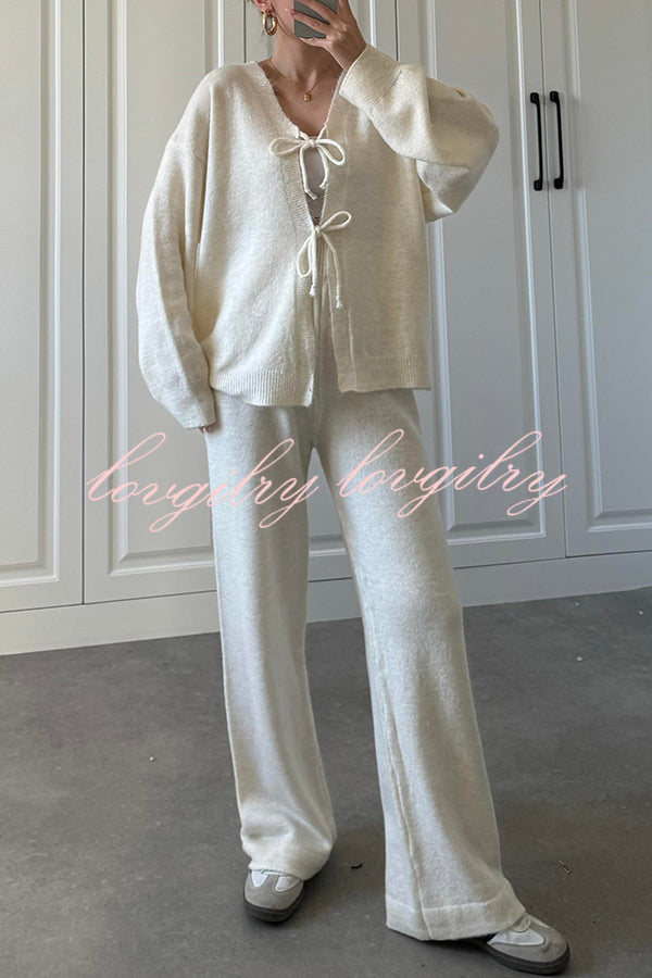 Solid Color V-neck Tie Long-sleeved Loose Knit Cardigan and Elastic Waist Casual Straight Leg Pants Set