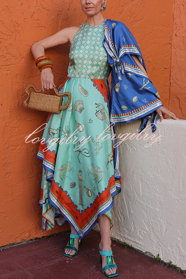 Surrealist Summer Satin Unique Print Tie-up Details Layered Hem Scarf Maxi Dress
