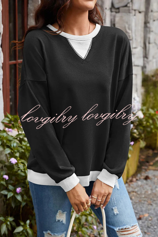 Fashionable Contrasting Color Loose Long-sleeved Casual Sweatshirt